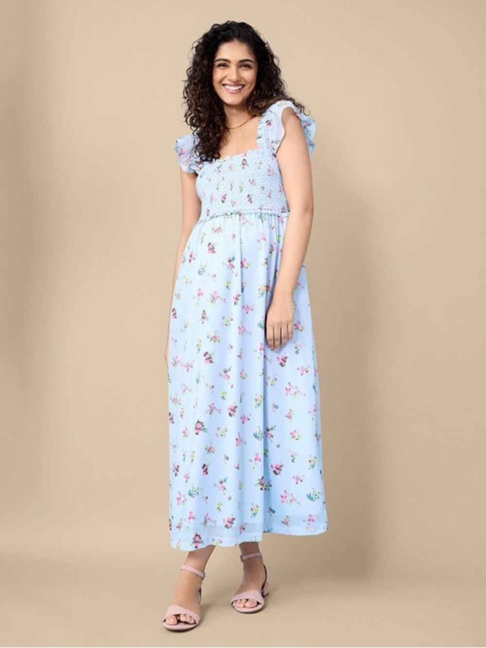 Motherhood Maternity Floral Sleeveless Ruffle Shoulder Smocked Maxi Dress